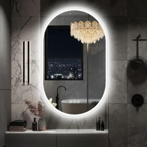 Sleek and modern LED light mirror illuminating a bathroom.