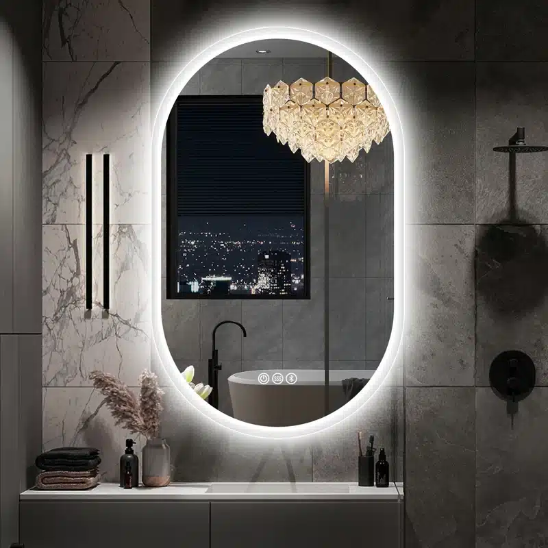 Sleek and modern LED light mirror illuminating a bathroom.