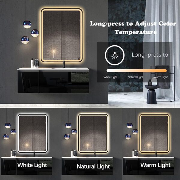 LED light mirror glowing brightly with energy-efficient LED lights for makeup and grooming.