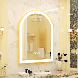 LED mirror placed on a bedroom vanity with modern design elements.